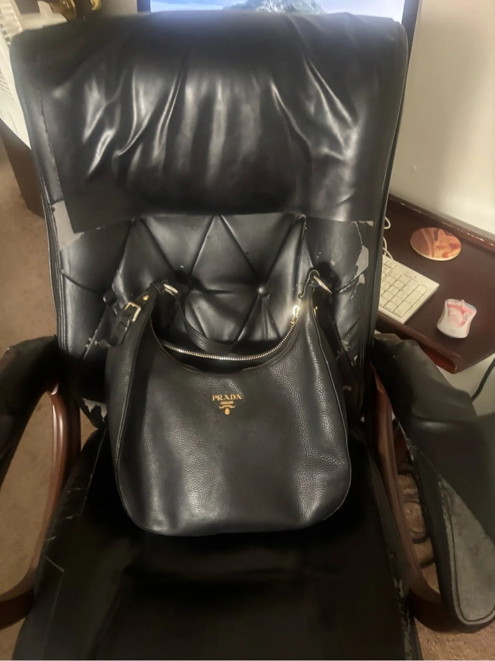 Prada Black Leather Messenger Bag with Gold Hardware